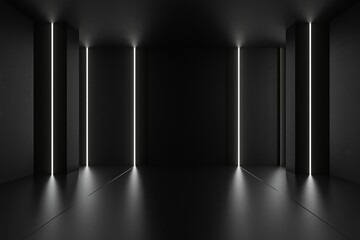 Charcoal gray partition with copyspace in stylish black room featuring LED lights providing modern ambiance for creative presentations