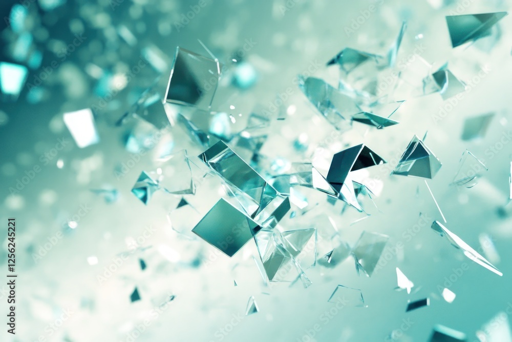 Poster abstract representation of shattered glass pieces floating in a soft turquoise background, creating 