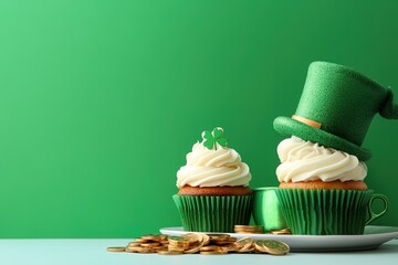 St Patricks day cupcakes with st Patricks hat.