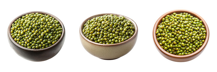 Set of  Close-up shot of fresh mung beans scattered on a white surface, highlighting their green color and smooth texture on transparent png background