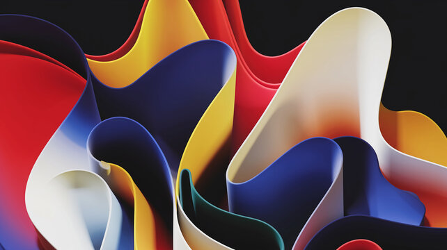 A vibrant abstract 3D pattern featuring flowing shapes in red, yellow, blue, and white, showcasing dynamic movement and bold colors, symbolizing creativity and modern design.
