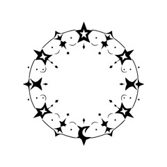 Celestial arrangement of stars, moons, and circles with a minimalist black and white aesthetic.