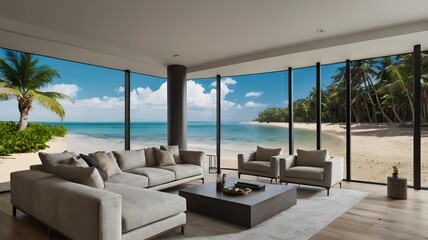 Fototapeta premium AI-designed wallpaper that transforms walls into virtual windows, displaying serene beaches, lush forests, or bustling cityscapes with real-time updates.