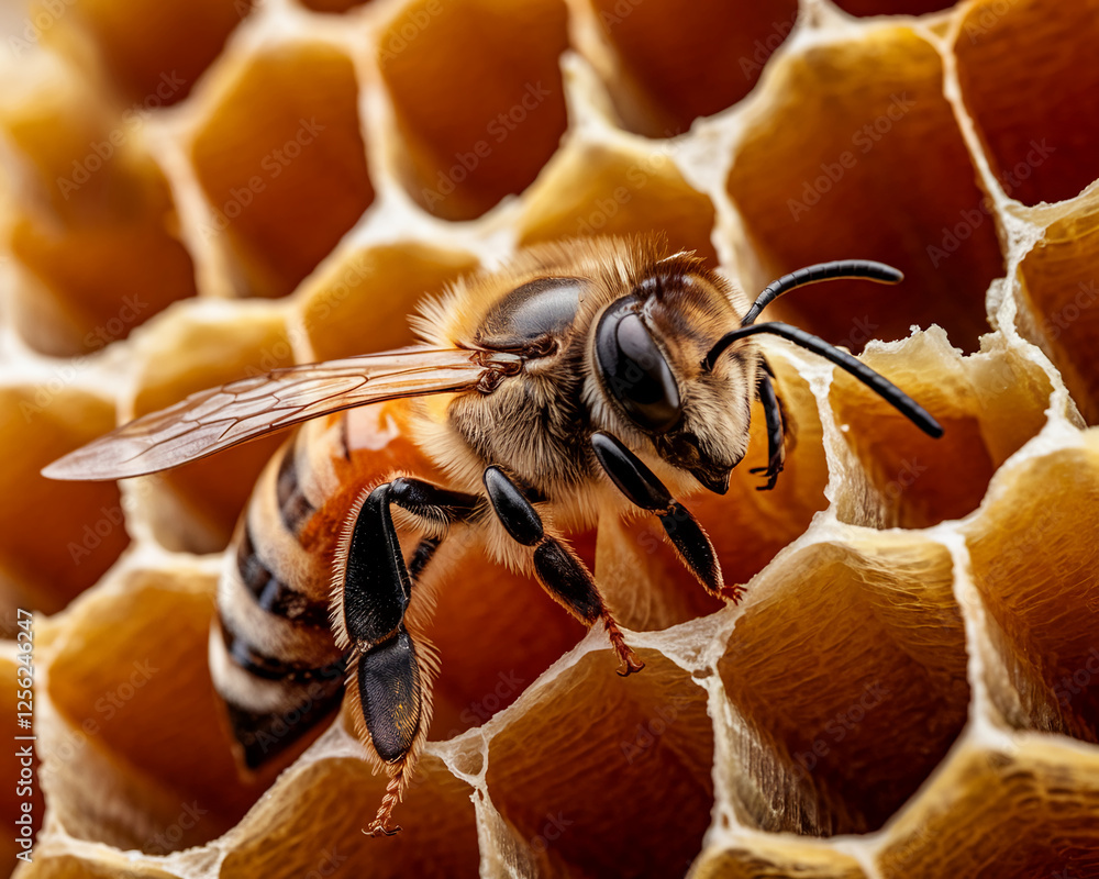 Poster a high-resolution macro shot of a honeybee perched on a honeycomb, showcasing its detailed anatomy a