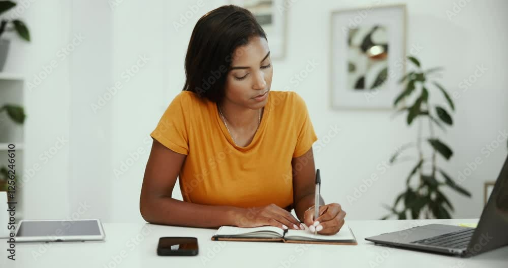 Leinwandbilder studying, reading and woman with laptop, home and research for assignment on web, writing and desk. 