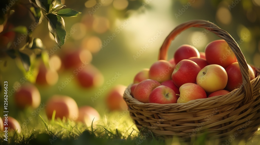 Aufkleber basket full of red apples in an orchard with soft sunlight on green grass and apple trees in the bac