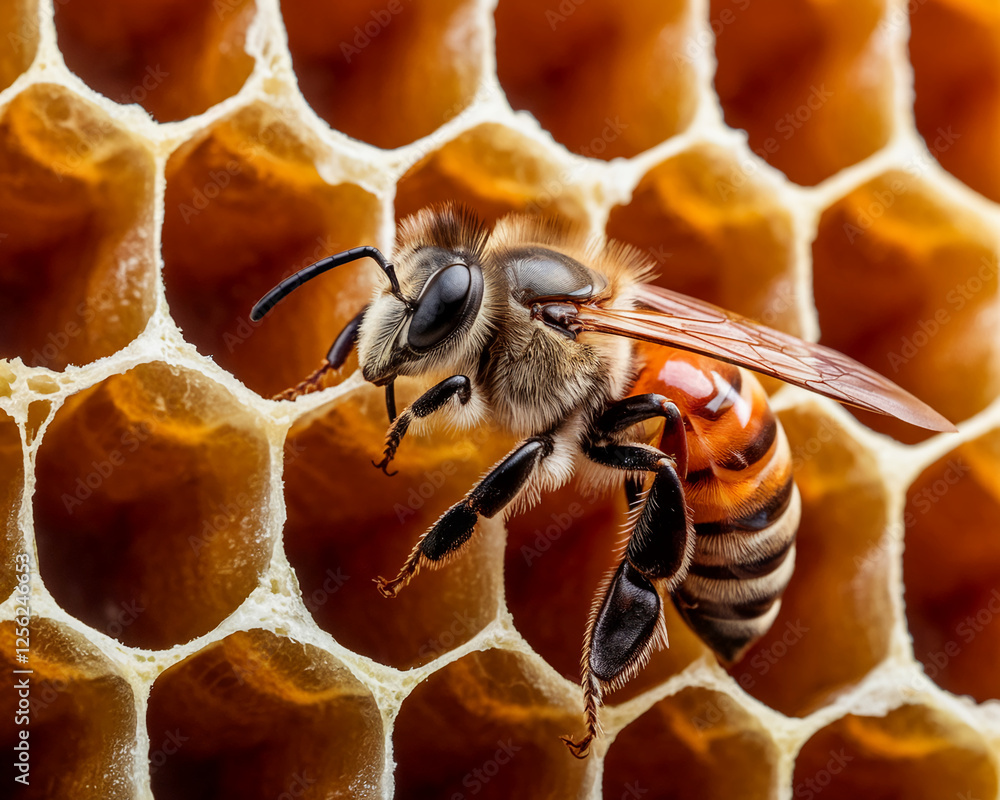 Poster a high-resolution macro shot of a honeybee on a honeycomb, capturing intricate details of the insect