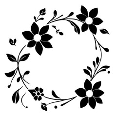 Black floral wreath with stylized flowers and leaves, against a white background.