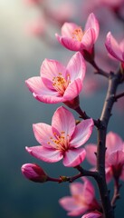 Obraz premium Delicate pink petals unfurl on slender branches, bloom, blossom, flowers