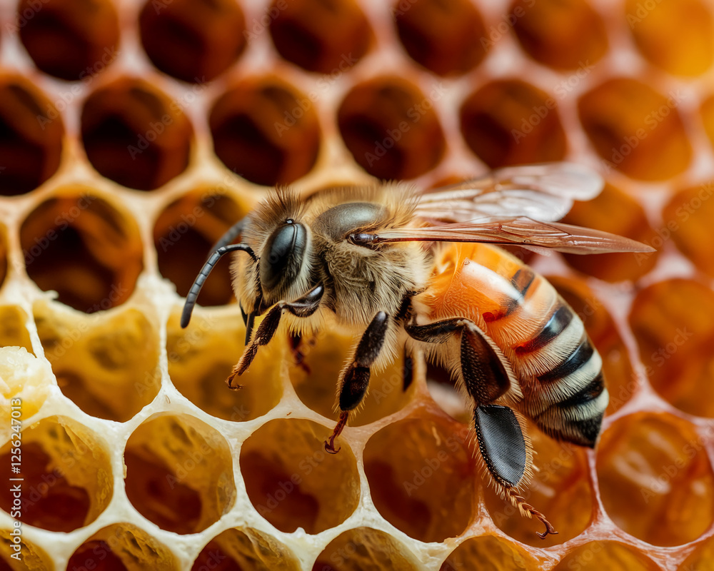 Poster a high-resolution macro shot of a honeybee on a honeycomb, showcasing the intricate details of the b