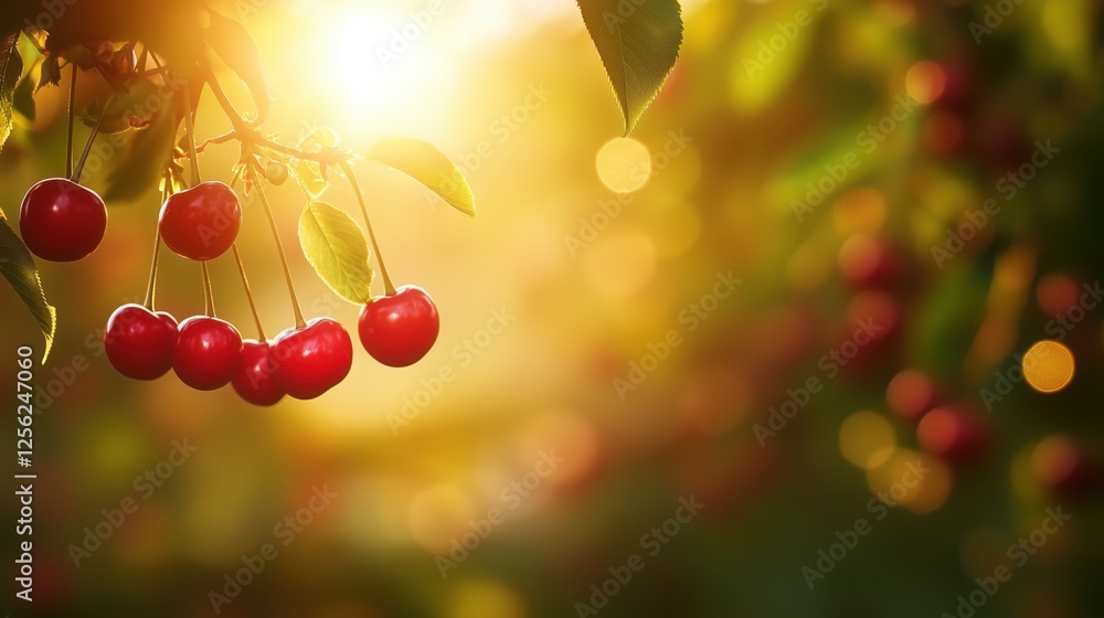 Aufkleber sunlit cherry tree orchard with ripe red cherries and ample copy space for design