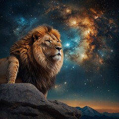 "A captivating and powerful depiction of Leo, the mighty lion, portrayed in full body standing majestically on a cosmic mountain peak. Its fur shines with radiant golden hues that sparkle like stardus