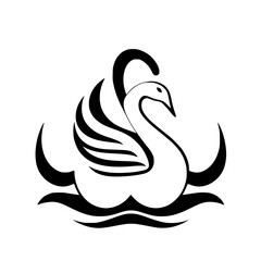 Swan Silhouette on Waves: Monochromatic, Simple and Stylized Representation of a Swan on Water, Graphic Design.