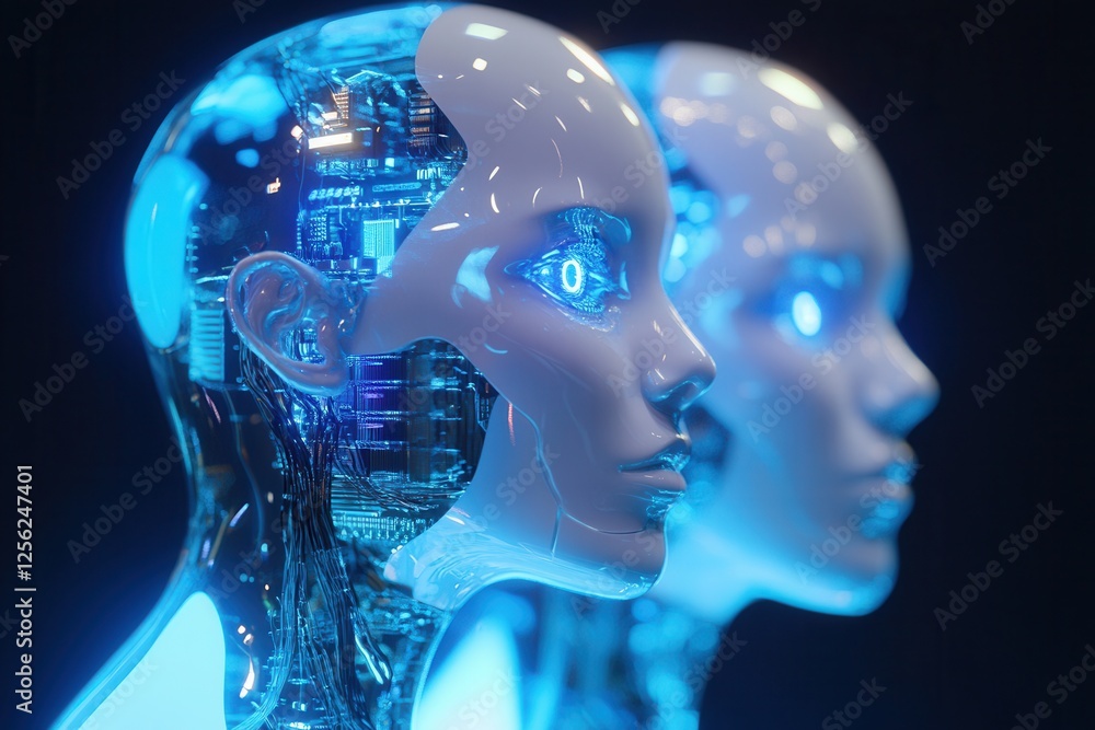 Poster digital twin edge computer technology . two robots confront each other, displaying the phrase 