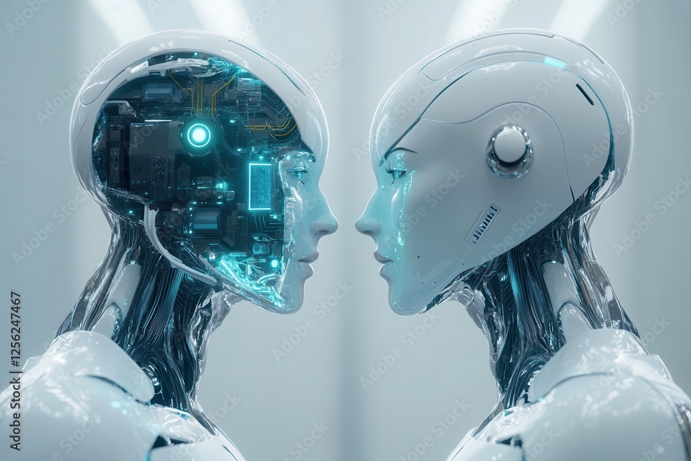 Poster digital twin edge computer technology . two robots confront each other, displaying the phrase 