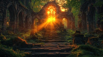 Sunlit Ruins of an Ancient Church in a Forest