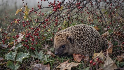 A cute European hedgehog nestled under a bramble bush with berries and dewy leaves basking in the gentle light of a misty morning