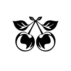 Stylized Cherry Illustration in Monochrome: Black and White Cherry Duo with Leaves, Minimalist Vector Art.