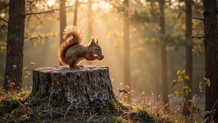 Adorable red squirrel on mossy stump in pine forest holding pinecone under golden sun rays Serene and natural beauty