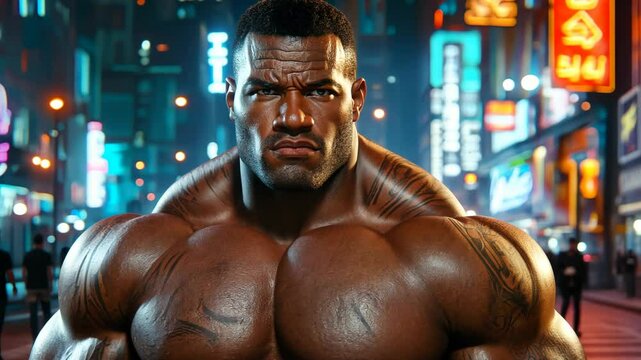 Muscle-bound man poses confidently on a vibrant city street illuminated by neon lights during nighttime