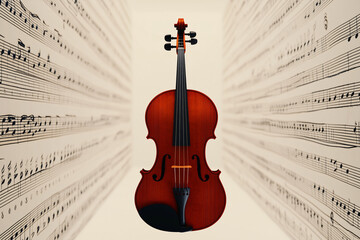 Fototapeta premium Violin in Music Sheets: A rich, polished violin takes center stage, framed by a perspective of musical scores, creating a visual symphony of classical music. 