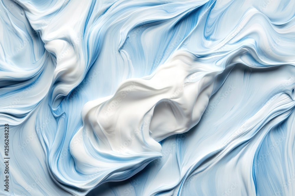 Poster abstract fluid art with swirling blue and white colors, creating a serene and dynamic background