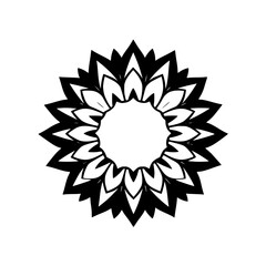Black-and-white geometric sunburst mandala on white background.