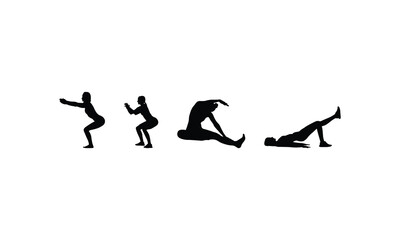 Set of Exercise Silhouette Characters in Active Workout Poses.