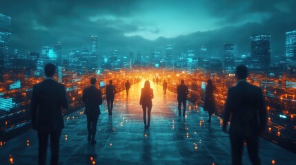 Futuristic fintech office showcases holographic financial data amidst professionals engaging with digital interfaces