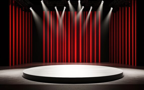 Stylish studio set with bold lighting and a central circular platform, designed for modern theater and multimedia shows