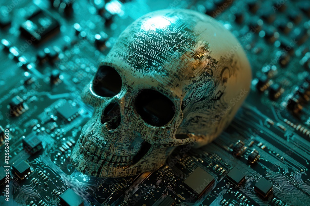 Poster cyber skull on circuit board. a skull positioned atop a computer motherboard, representing the fusio
