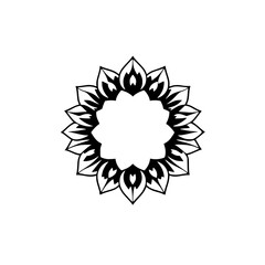 Ornamental black and white flower in the form of a mandala.