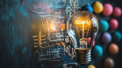 A group of people are collaborating and brainstorming around a large light bulb, symbolizing ideas and creativity. Various icons and symbols related to innovation and teamwork surround them, indicatin