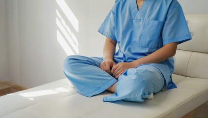 Obraz premium A healthcare professional dressed in blue scrubs sitting comfortably, reflecting a calm and serene environment that supports healing and wellness.