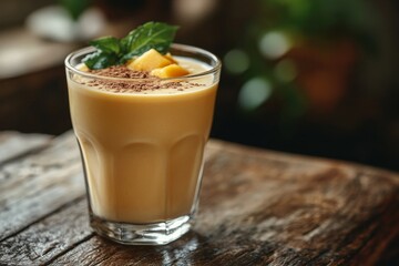 Delicious Mango Smoothie with Chocolate Garnish and Mint Sprig on Rustic Wood, Fresh and Creamy Drink, a Refreshing Tropical Treat for a Healthy Lifestyle