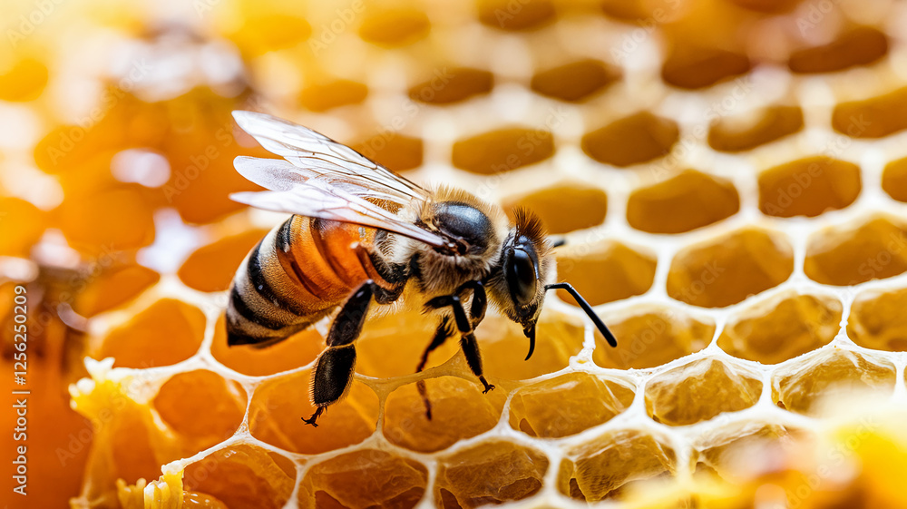 Poster a macro shot of a honeybee collecting nectar from a honeycomb, showcasing its role in pollination an