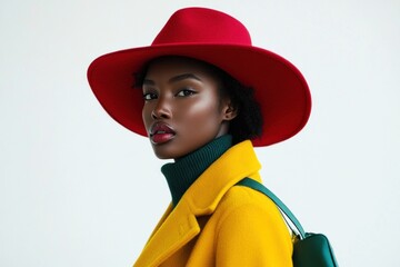 In a contemporary setting, a black woman confidently poses, wearing a vibrant yellow coat and a bold red hat, perfect for seasonal street style