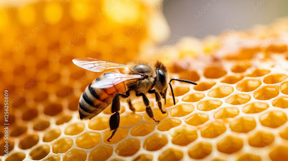 Poster a close-up macro shot of a honeybee collecting nectar from a honeycomb, showcasing its wings, stripe