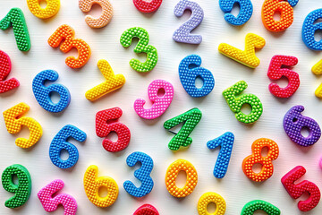 Colorful number toys scattered on white background, math education concept