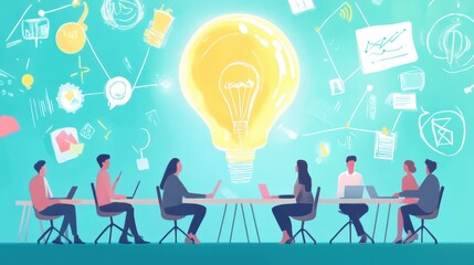 A group of people are collaborating and brainstorming around a large light bulb, symbolizing ideas and creativity. Various icons and symbols related to innovation and teamwork surround them, indicatin