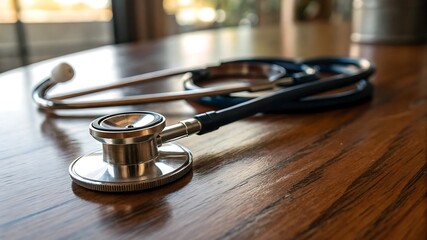 Classic stethoscope resting on a polished wooden table with soft light reflecting off its metal parts, showcasing the intricate design of the ear tips and tubing. 