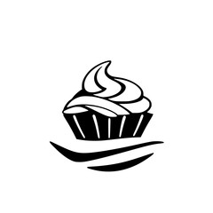 Minimalist design with black and white illustration of a single delicious cupcake.