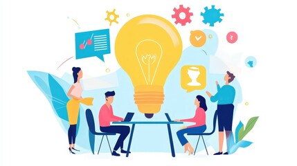 A group of people are collaborating and brainstorming around a large light bulb, symbolizing ideas and creativity. Various icons and symbols related to innovation and teamwork surround them, indicatin