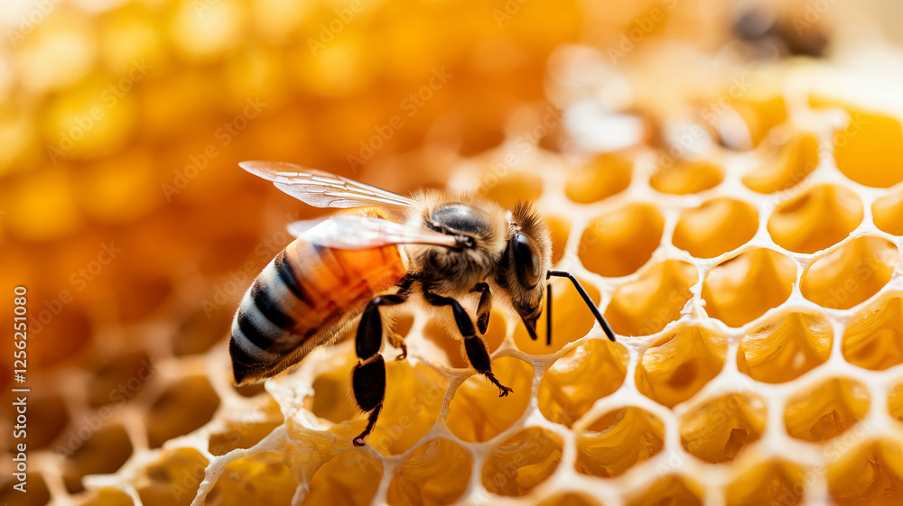 Poster close-up of a honeybee collecting nectar from a honeycomb, showcasing its striped body, wings, and t