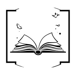 Open book of knowledge with butterflies, black and white vector illustration