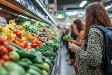 People shopping for fresh vegetables in a supermarket produce section
