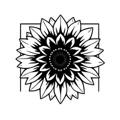 Minimalist Black and White Sunflower centered within square, creating contrast and pattern, against white background.