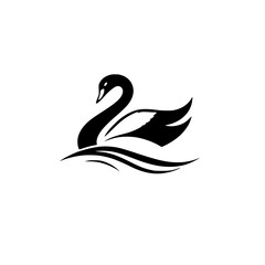 Black Swan Silhouette: A stylized, minimalist logo featuring a black swan gliding across a serene, simplified water surface against a white background.