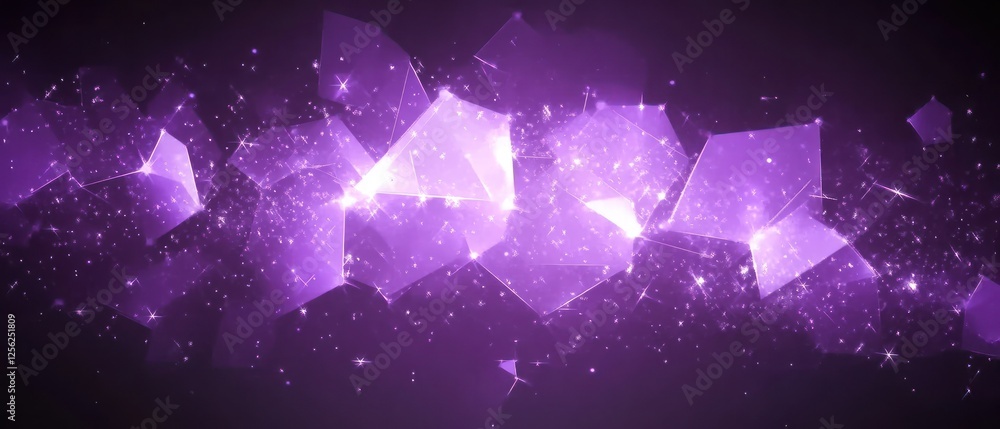 Poster abstract purple background with sparkling light effects and geometric shapes creating depth