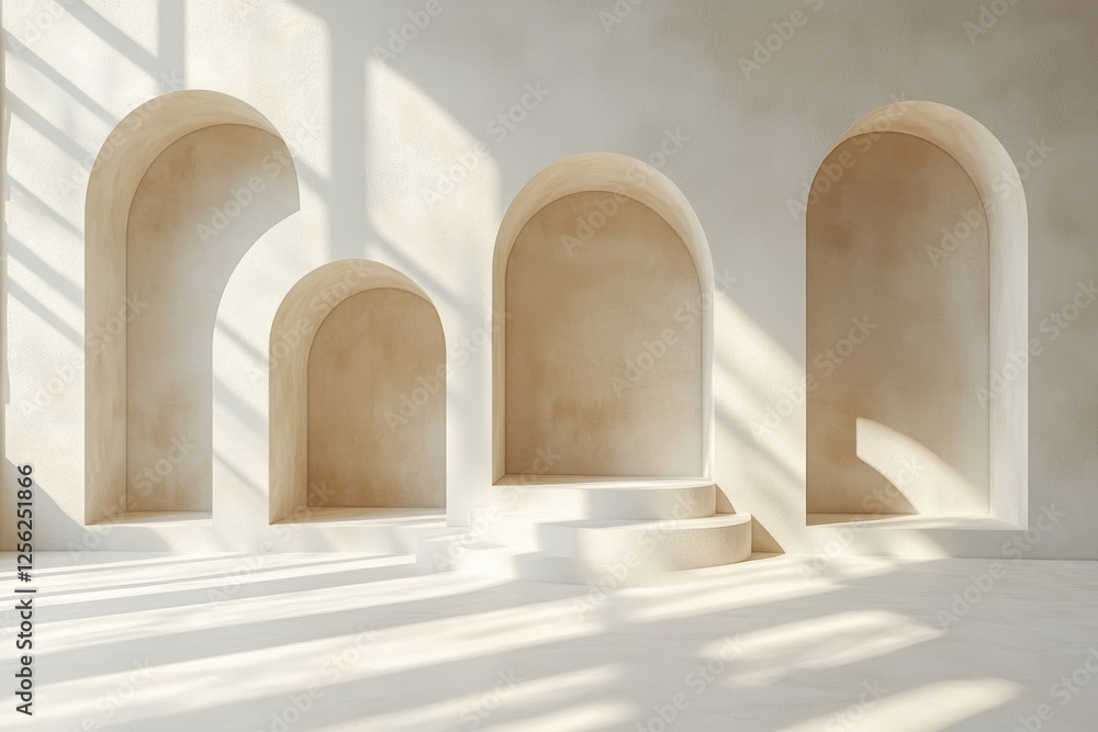 Poster A minimalistic interior featuring stunning archways and soft light, perfect for showcasing design elements and creating a tranquil atmosphere.